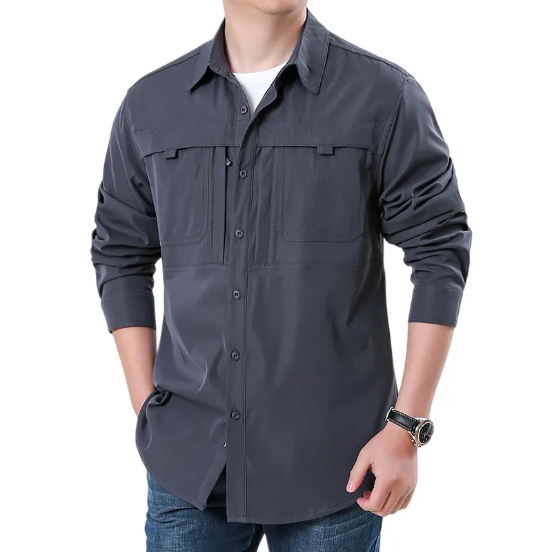 Men's Long Sleeve Tactical Shirts Men Breathable Cargo Work Shirt with Zipper Pocket Outdoor Quick Dry Hiking Fishing Shirts