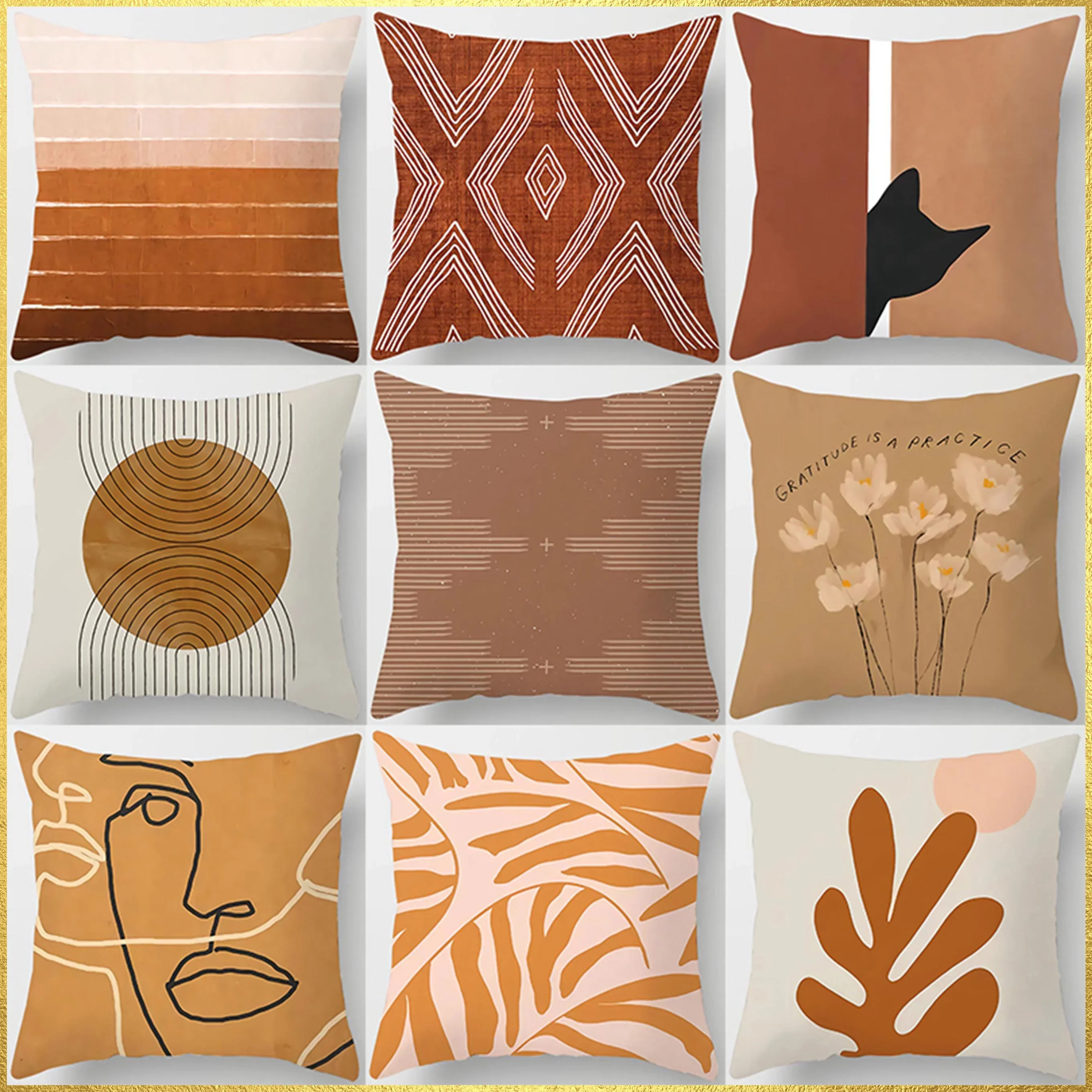 Brown Geometric Print Square Pillowcase Home Goods Car Sofa Cushion Cover