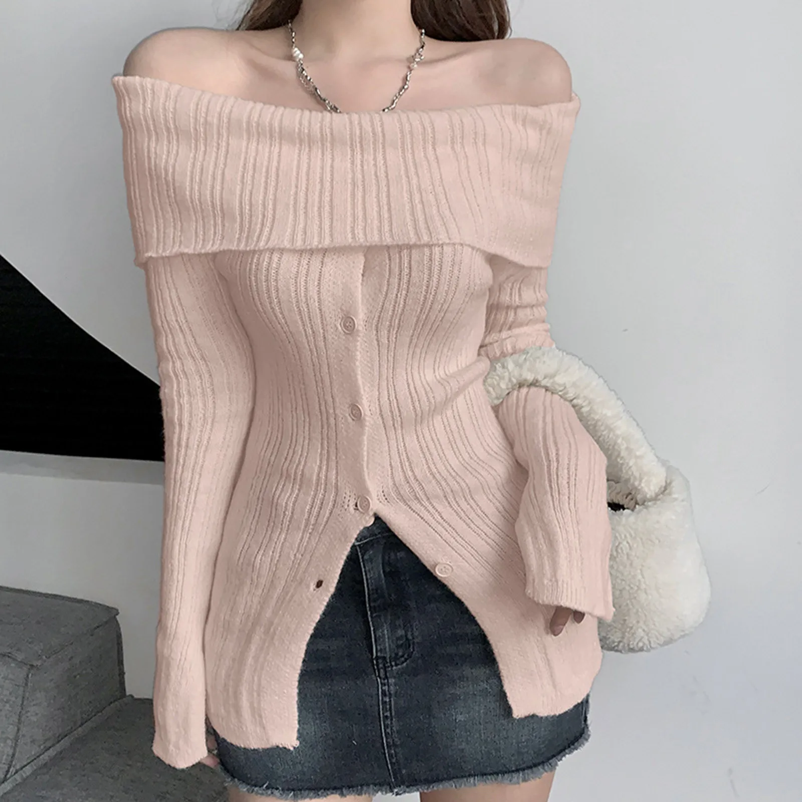 Sexy Womens Off The Shoulder Rib Knit Long Sleeve Sweater Women Spring Fall Casual Solid Button Sweater Streetwear Y2K Clothes