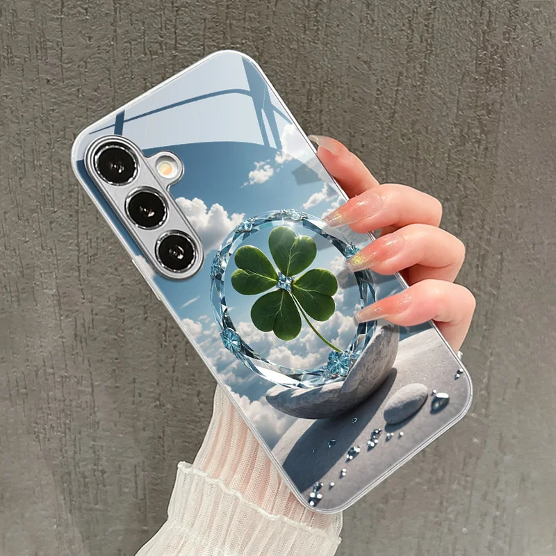 Transparent crystal four-leaf clover pattern glass phone case for Samsung Galaxy S26 S25 S24 S23 S22 S20FE/Ultra/Plus anti Cover