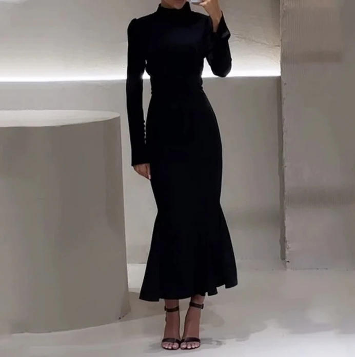 

Women's Elegant Luxury Dress Fashion Mock Neck Button Long Sleeve High Waist Solid Color Skinny Fishtail Temperament Long Dress