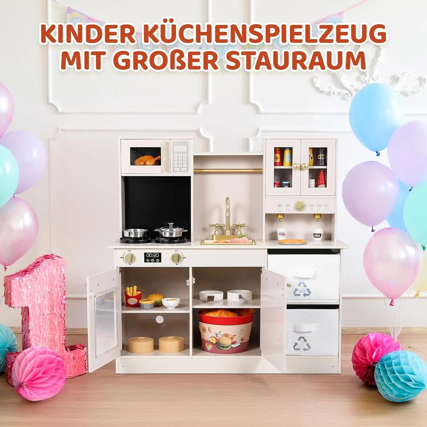 Игровая кухня для детей, деревянная игрушечная кухня, большой игровой набор для приготовления пищи с посудой, плита со светом и звуком, тканевые коробки