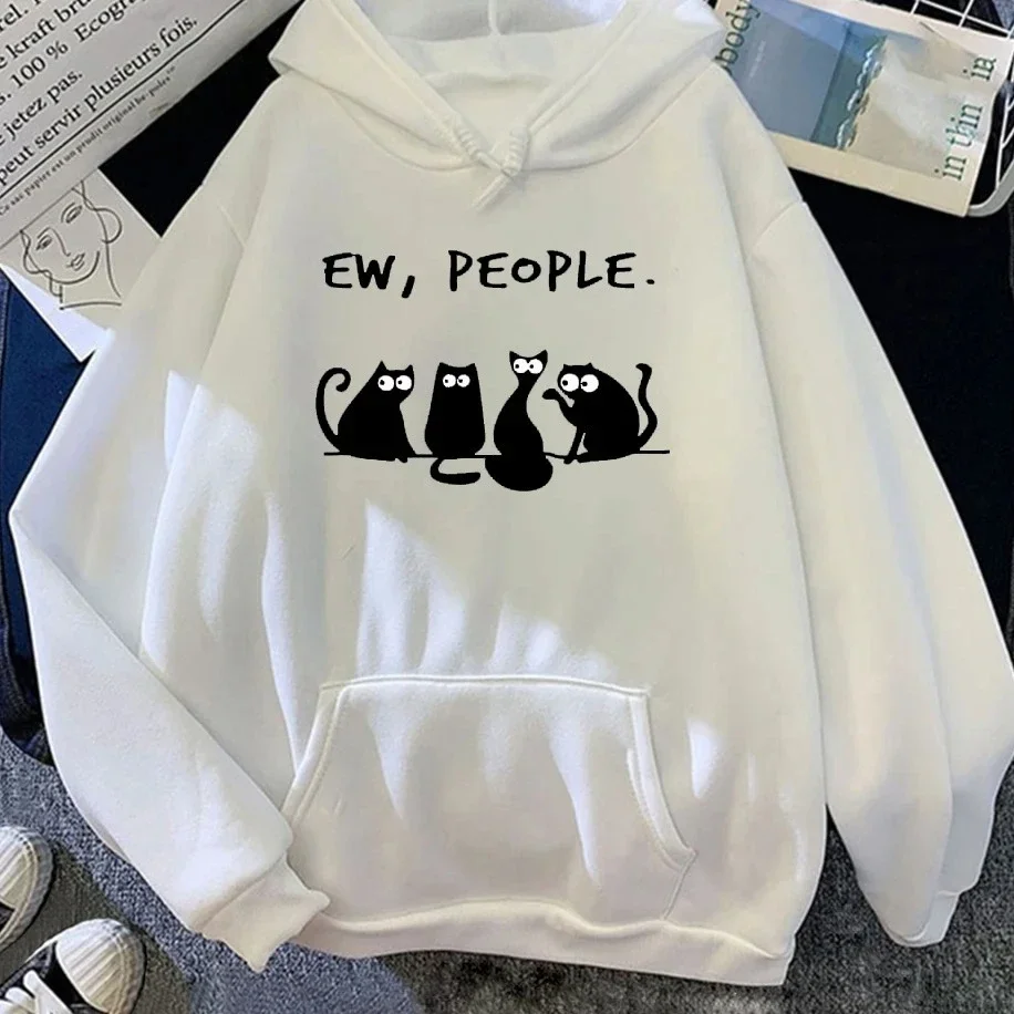 New Retro American Autumn/Winter Women's Hoodie EW PEOPLE Letter Printed Top Funny Harajuku Cartoon Black Cat Pattern Clothing