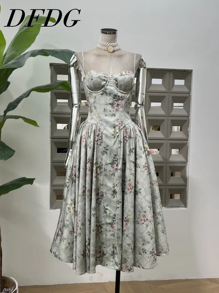 DFDG Abito dal design slim fit a vita bassa con canotta stampata 2025 Nuovo articolo estivo per donna, gonna grande versatile e popolare