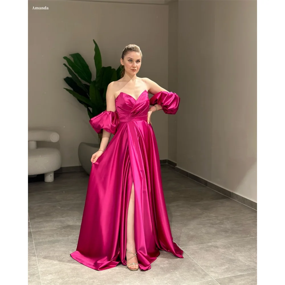 

Amanda Customized Puff Sleeves Side High Split Prom Dresses Long Floor-Length vestidos de noche Tiered Ruffle Formal Evening