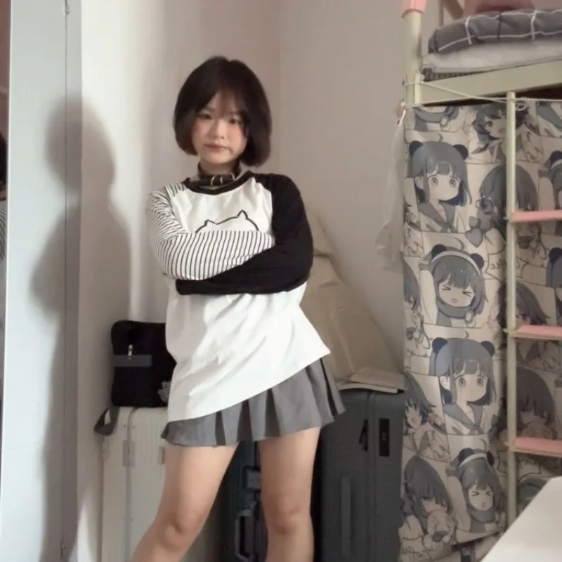 

Kimutomo женские футболки с принтом кота из мультфильма, свободные топы с длинными рукавами Y2k, эстетические топы в стиле Харадзюку, забавные милые женские повседневные футболки