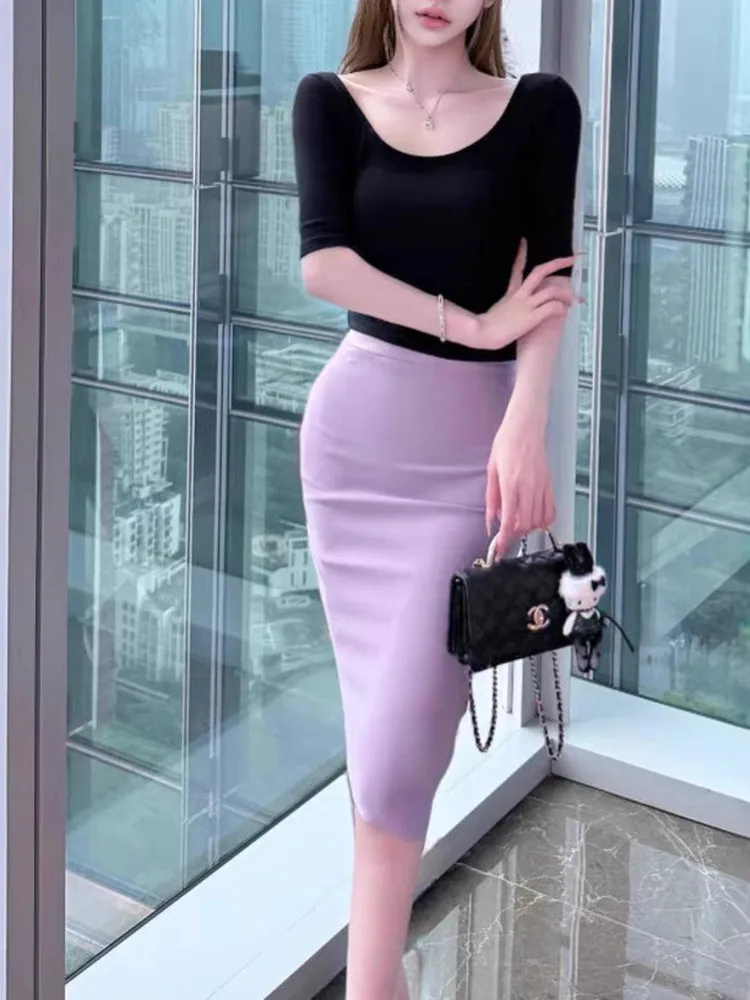 

Classic OL Cross-Border Taro Purple Knitted Elastic Wraparound Skirt High Elastici Slim Fit Ci Commute Workwear Evening