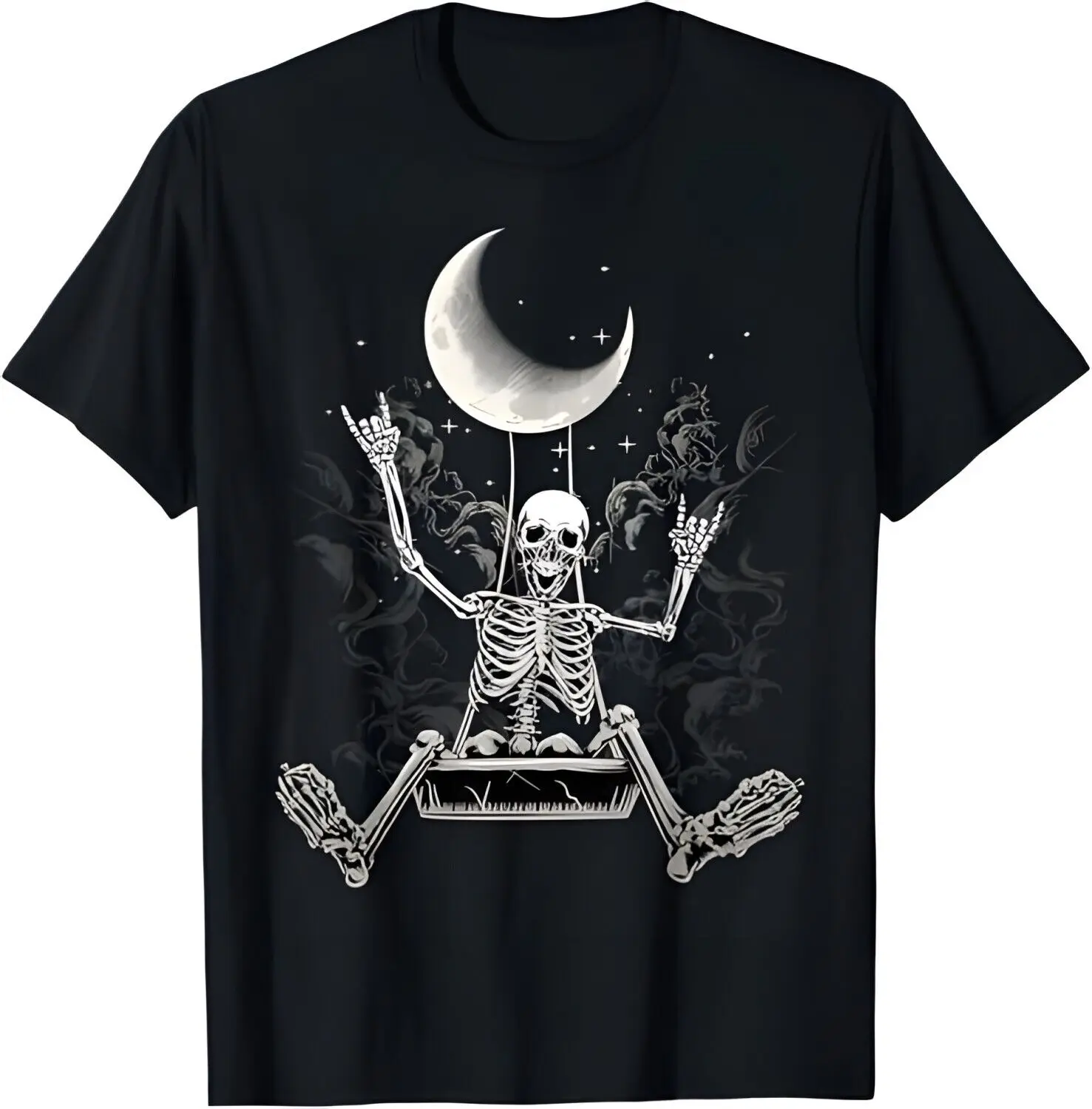 Moon Skeleton Rock On Hand Spooky Halloween Rock Concerts T-Shirt