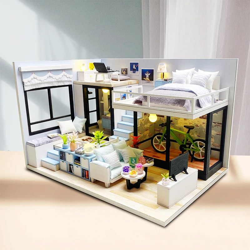 

Diy Wooden Loft Room Casa Doll Houses Miniature Building Kits With Furniture LED Light Dollhouse Toys For Adults Birthday Gifts