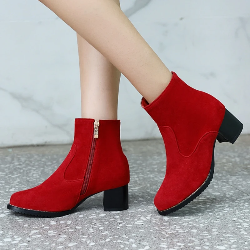 

Big Size 50 Ankle Boots For Women Casual Faxu Suede Low Heels Black Red Grey Unisex Short Boot Shoes 45 New 2025 Spring Autumn