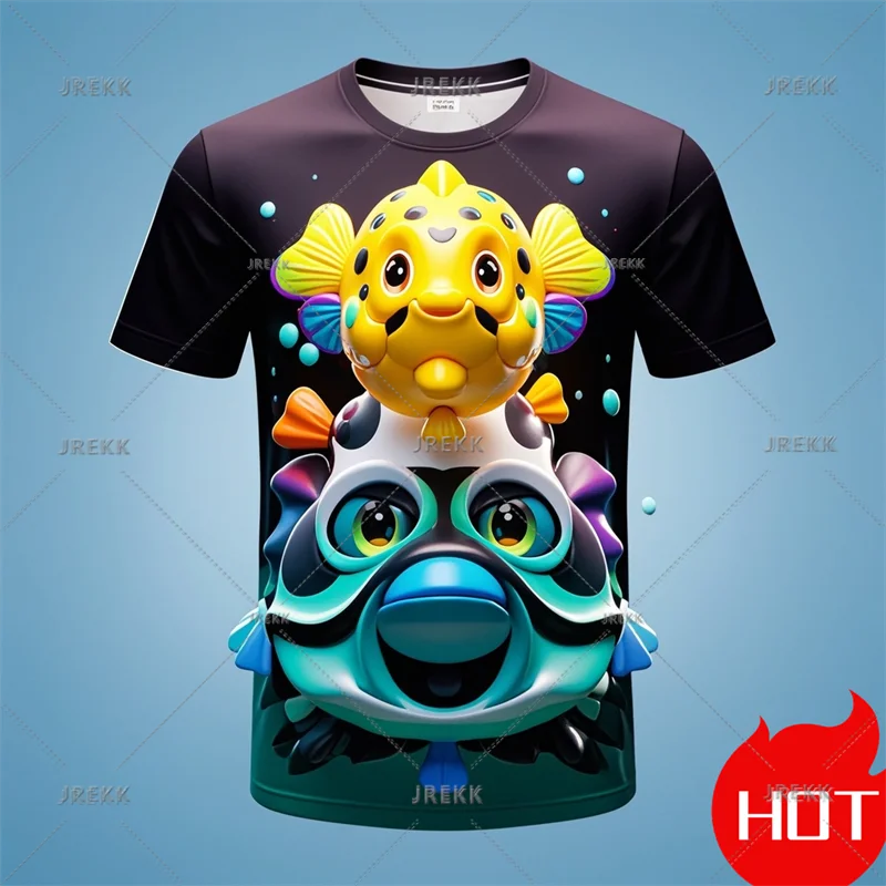 New Summer 3D Cute Animal Puffer Fish Print T Shirt For Men Tetraodontidae Graphic Tee Shirts Kid Funny Streetwear T-shirts Tops