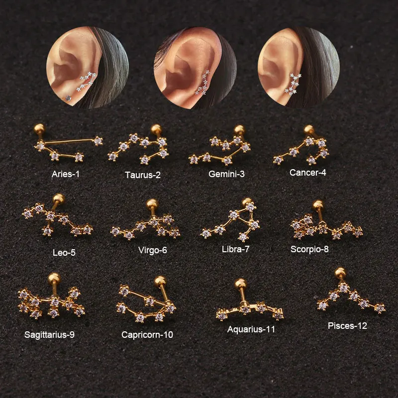 Cartilage Piercing Ear Stud Eardrop Ear Pin Unisex Zircon Earrings Gift Twelve Constellations Fashion Jewelry