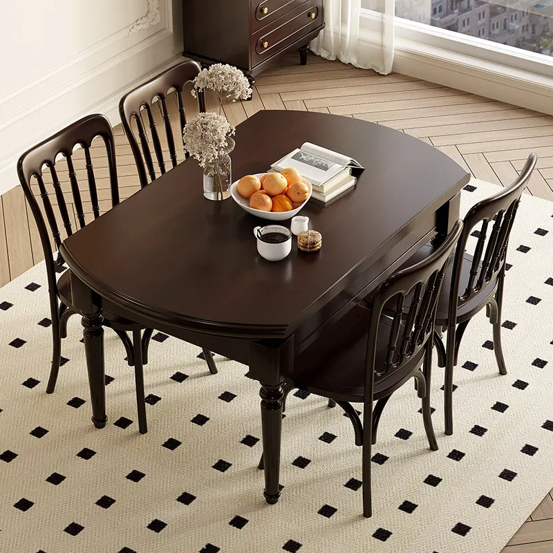 Solid wood dining table Small apartment household retractable dining table and chair combination American retro folding dining t