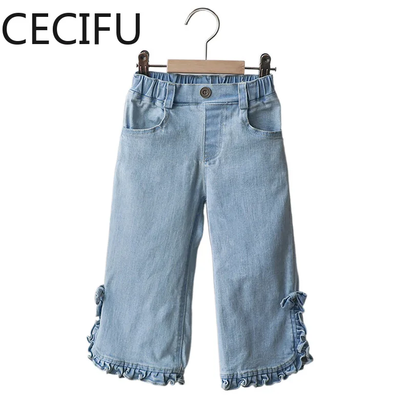 

Новые универсальные детские джинсы на весну и осень, джинсовые брюки для девочек, удобные детские брюки с эластичным поясом, джинсы для девочек с оборками CC252