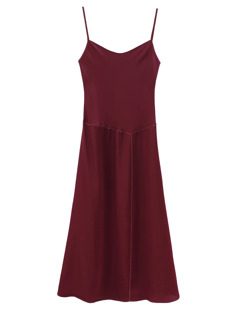 KAOPU ZA Women wine-red droop midi slip dress vintage o-neck thin straps female dresses vestidos mujer