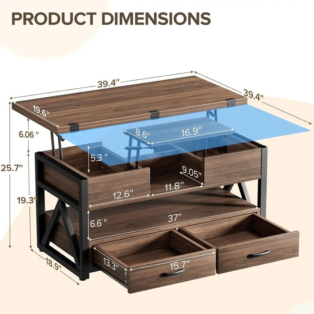 40 Lit Top Coffee Table with Storage, Walnut | 4 in 1 Multi-Function Lighting Top Coffee Tables with Storage Drawers and Hidden