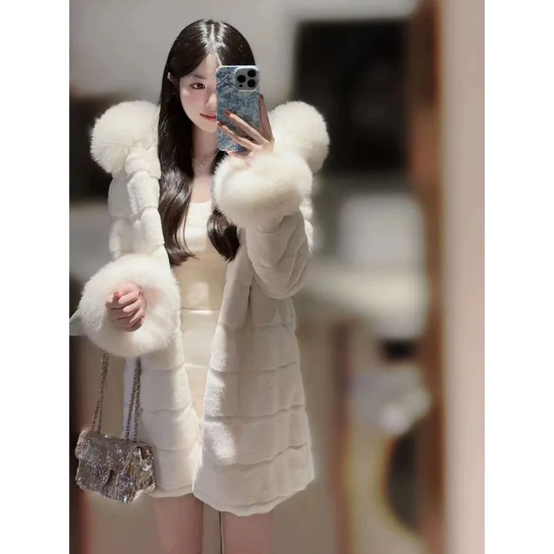Eco-Friendly Mink Fur Coat for Women New Winter Warm Faux Fur Jacket Hood Faux Fox Fur Collar High Quality Fluffy Soft Coats