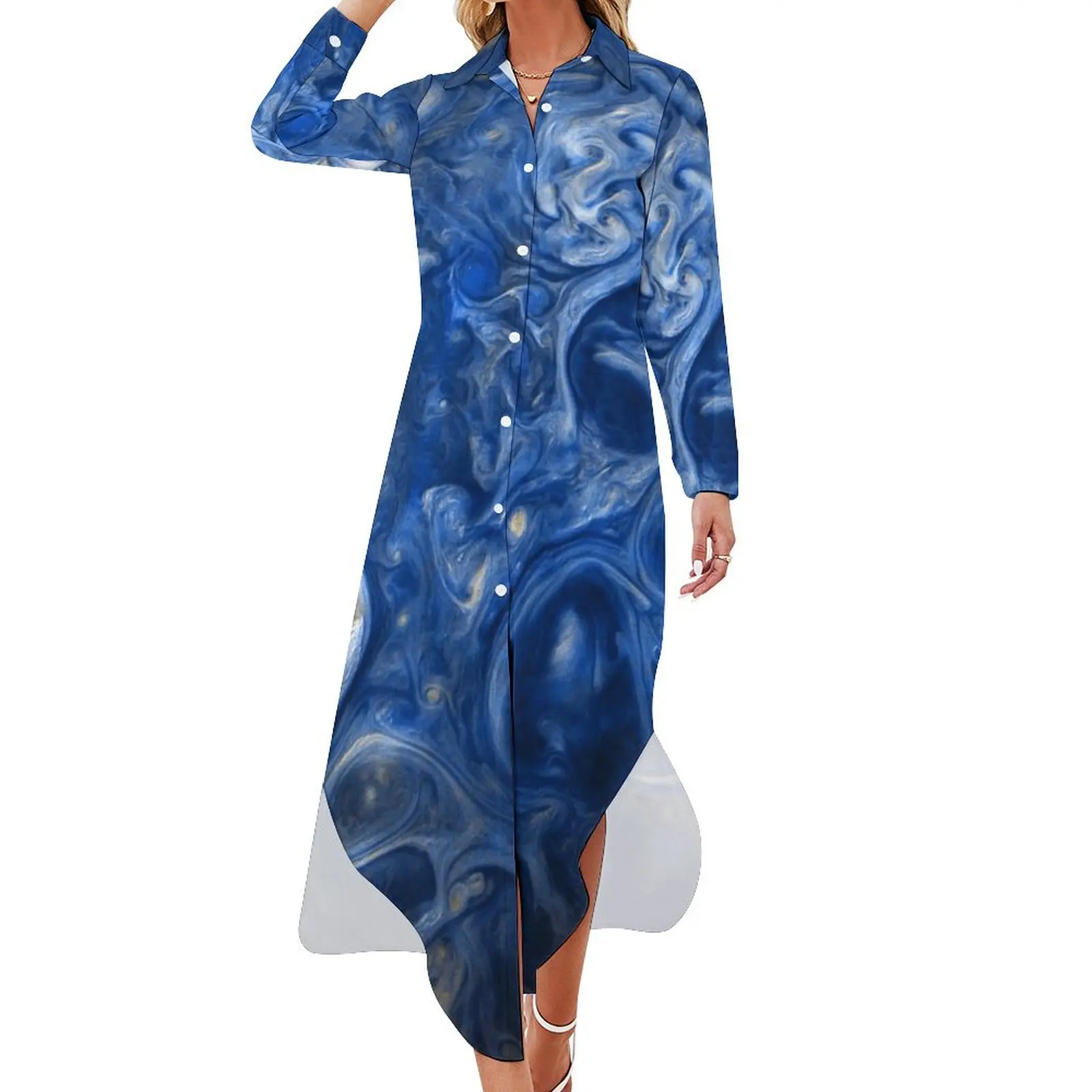 Jupiter's Clouds in Blue Long Sleeved Shirt Dress Elegant gown dresses for women luxury dresses