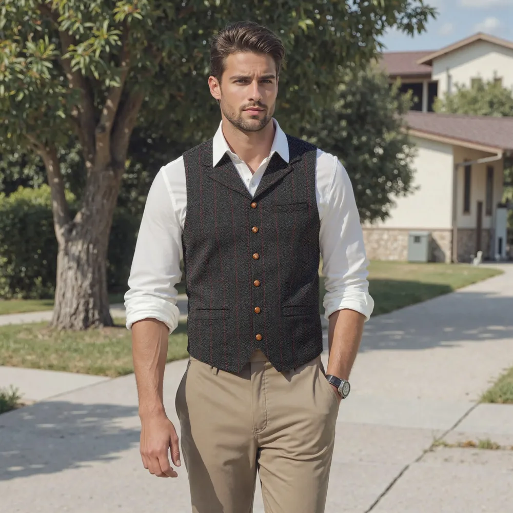 

Men's Business Formal Dress Suit Vest Slim Fit Herringbone Plaid V-neck Casual Waistcoat Wedding for Tuxedo