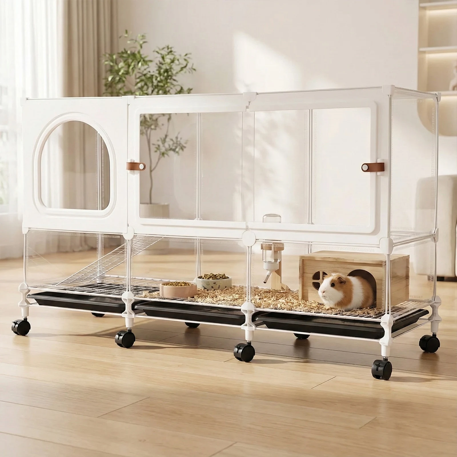 

2-Tier Rolling Rabbit Hutch with Pull Out Tray Clear Panel Critter Cage with Wheels 105x35x66cm for Guinea Pig Chinchillas