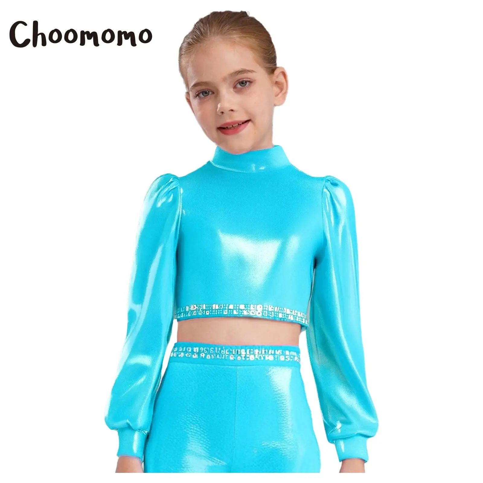 

Girls Hip-hop Jazz Dance Top Mock Neck Long Sleeves Shiny Rhinestones Metallic Crop Tops School Basketball Cheerleading Costume
