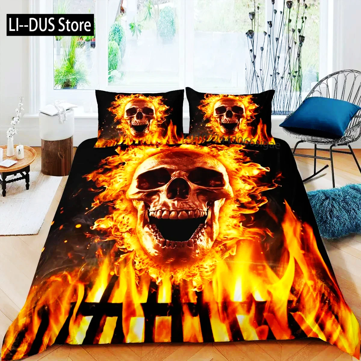 Black Blue Flame Skull Duvet Cover Set Full Size 3D Skeleton Bones Bedding Set Gothic Comforter Cover Horror Skull Quilt Cover