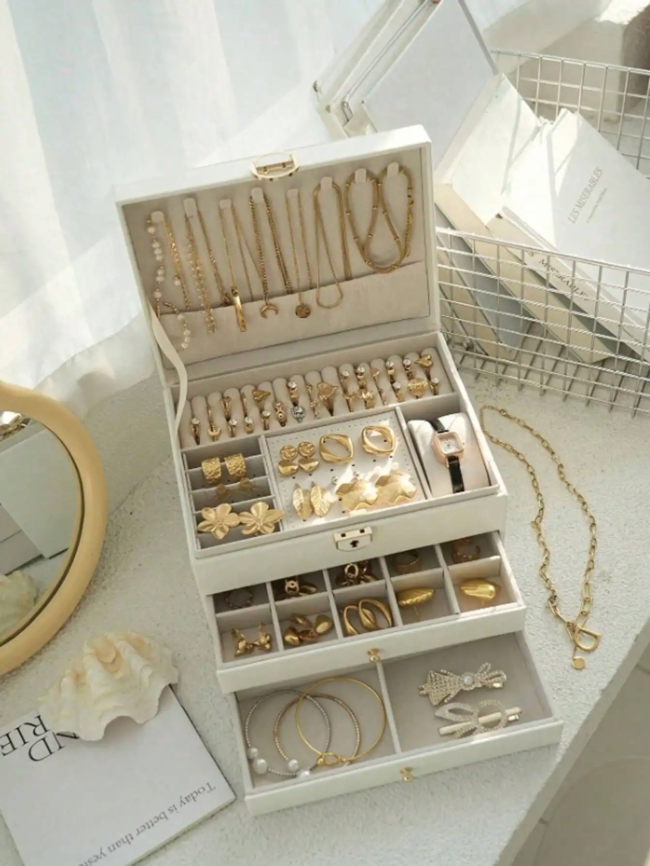 

Three Layers Of Double Selection Faux Leather Jewelry Storage Box, Large Capacity Jewelry Organizing Box