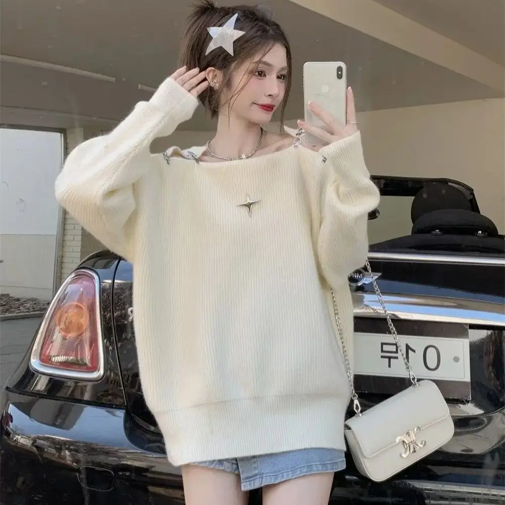 Off-Shoulder Slope-Neck Pullover Sweater 2024 Autumn Loose Casual Solid Color Harajuku Retro Fashion One-Shoulder Top