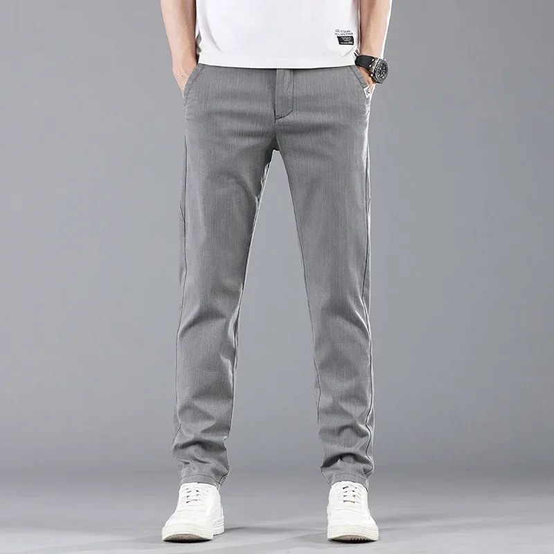 New Spring Summer Cotton Pants for Men Business Slim Straight Classic Work Cargo Stretch Casual Trousers Male Clothes