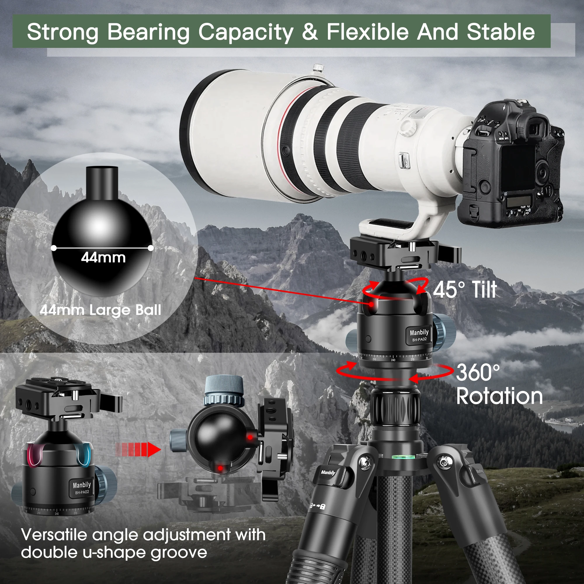 Manbily MC-364 Professional 3K Carbon Fiber Tripod 36mm Large Tube 4-sections Camera Tripod Photographic travel Tripod