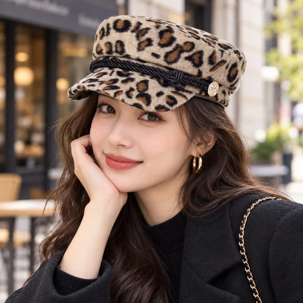 Braided Rope Decor Newsboy Beret Hat Decorative Button Vintage Style Flat Top Hat Thickened All-match Leopard Print Cap