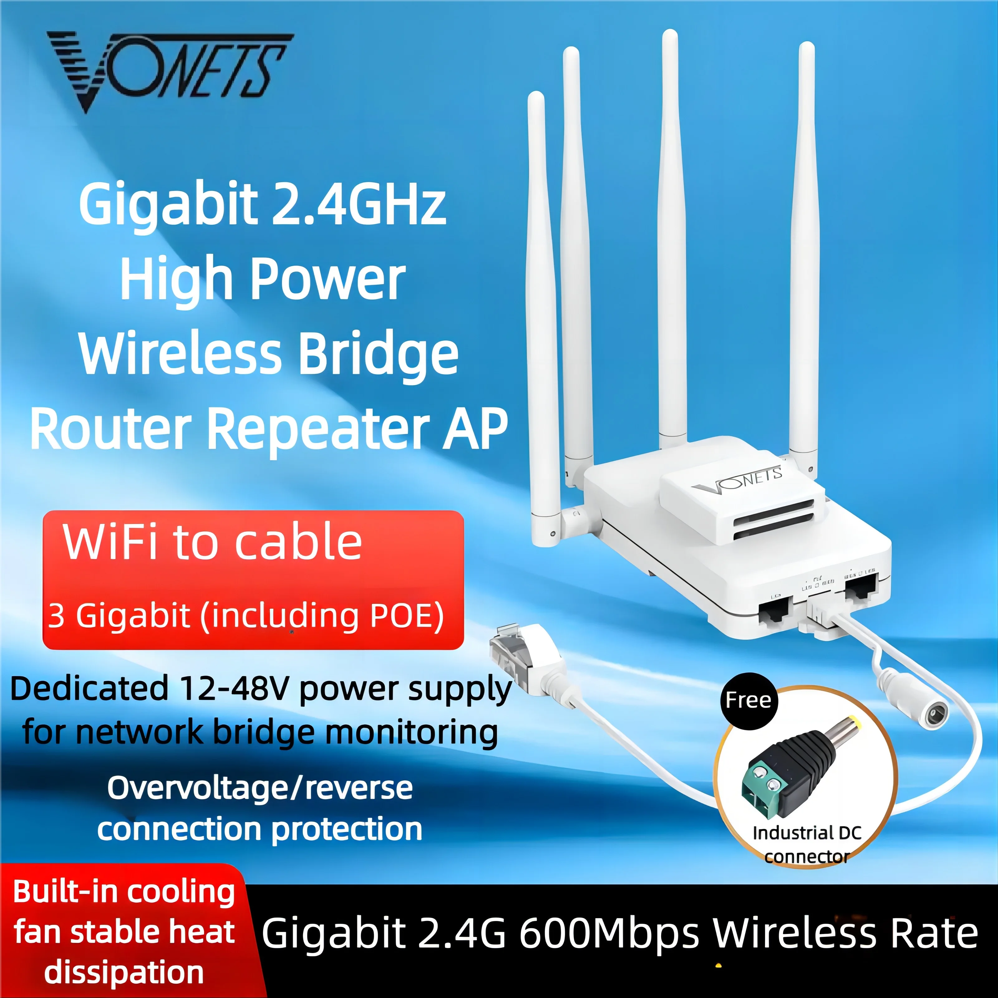 

VONETS Gigabit PoE 2.4GHz WiFi Router Wireless Bridge Repeater WiFi to Ethernet Adapter 1000M Range Extender DVR IoT High Power