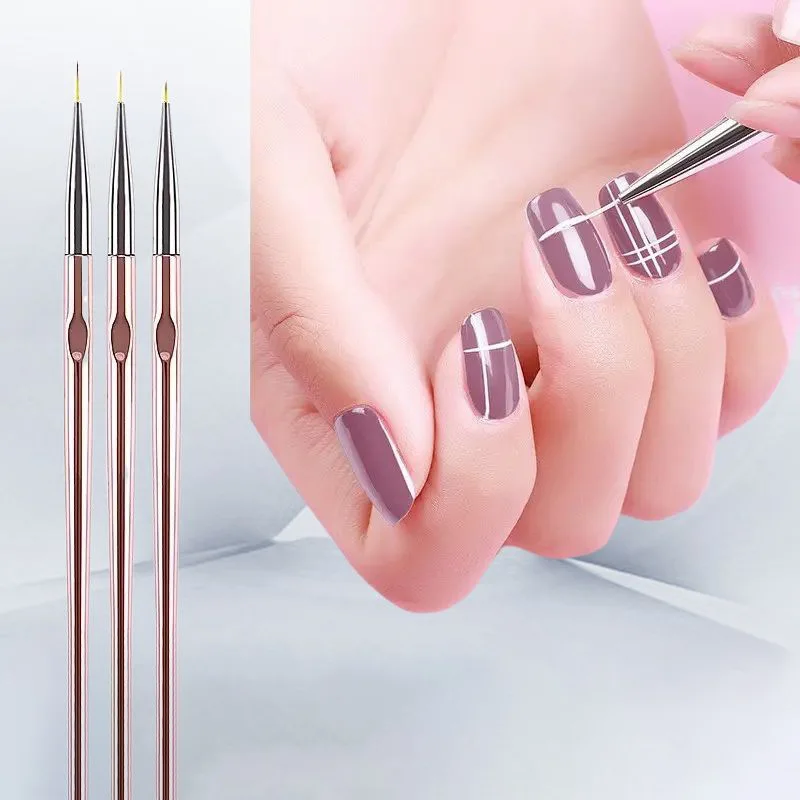 3Pcs Ultra-fine Nail Art Liner Brush Set Holographic/Rose Gold Metal Handle for Line Drawing Flower Painting Fine Detail Tools