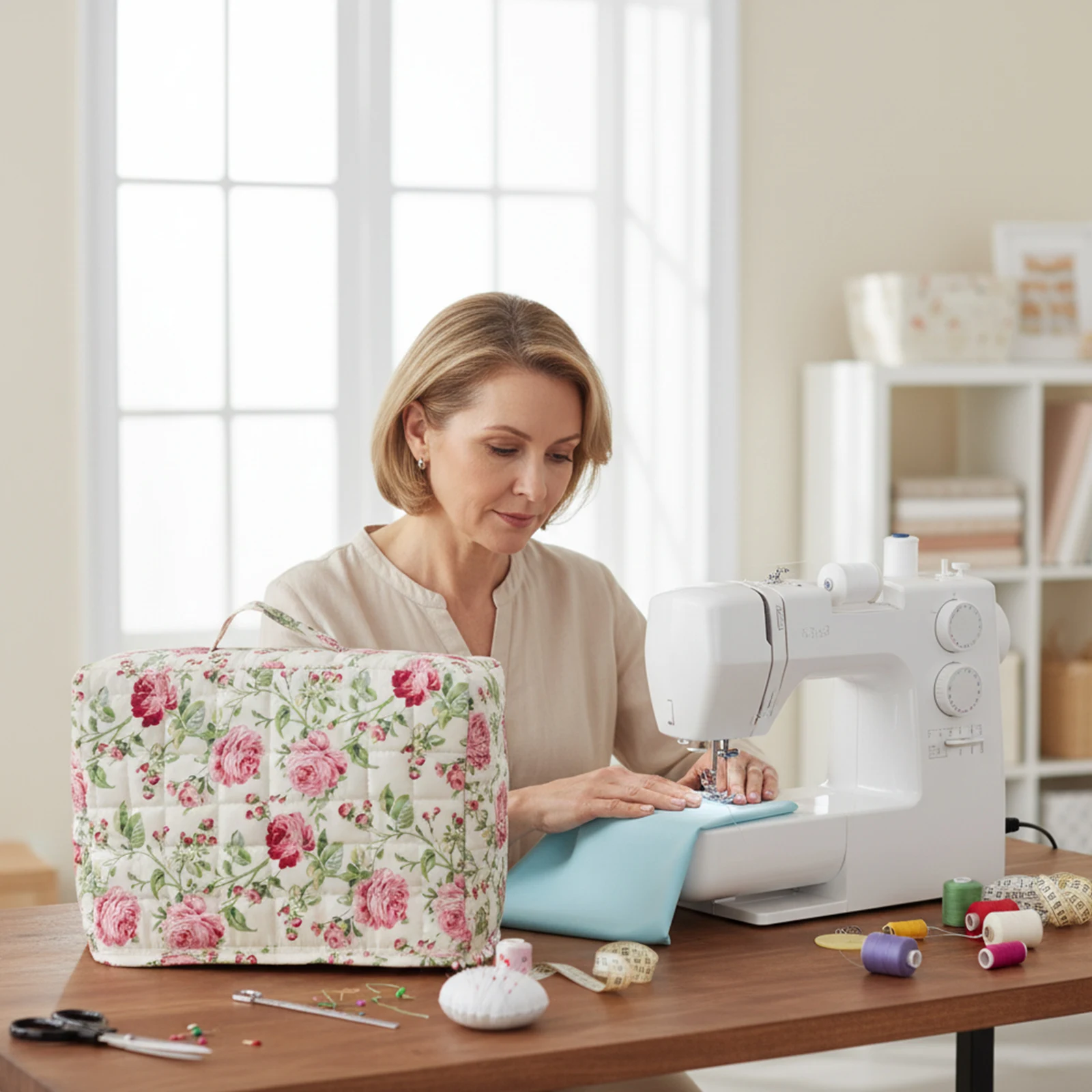 Sewing Machine Dust Cover with Pocket Floral Quilted Sewing Machine Cover for Most Standard Machines and Accessories