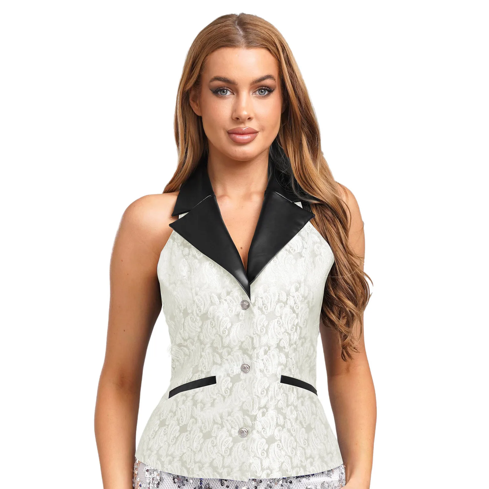 

Women Vintage Medieval Steampunk Waistcoat Soft Leather Lapel Gothic Jacquard Vest Outerwear Halloween Theme Party Costume