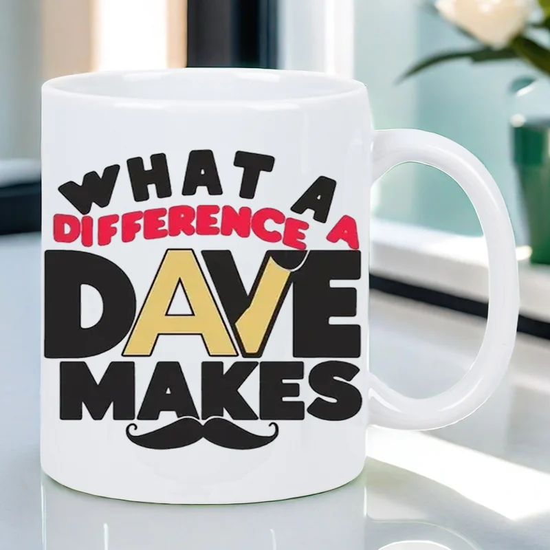 كوب قهوة سعة 11 أونصة من DAVE MAKES - كوب سفر معزول وقابل لإعادة الاستخدام مع "What a Difference a Dave Make" برسومات شارب، غسيل يدويًا