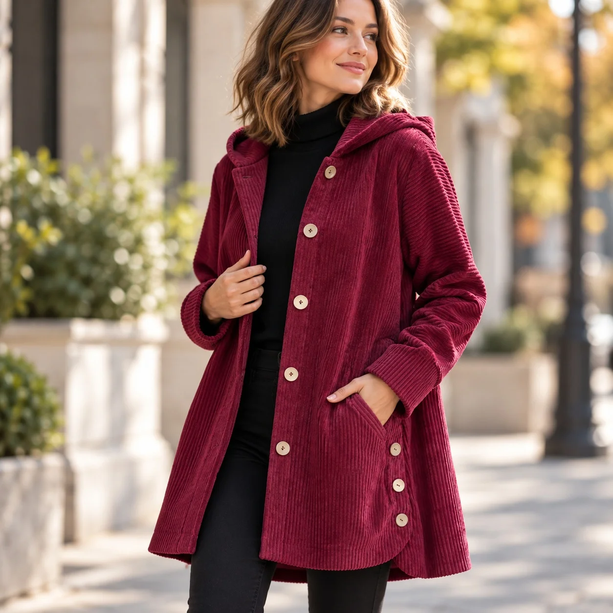 Mid Length Hooded Coat Professional with Long Sleeve Elegant Mid Length Single Breasted Multi Button Jacket Pocket Women Coat