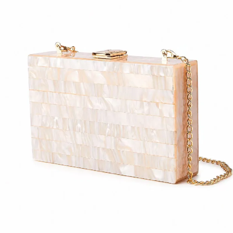 Acrylic Striped Clutch Evening Bag For Women, Pearlescent Hard Case Chain Purse, Snap Button Square Handbag For Wedding Party view 2