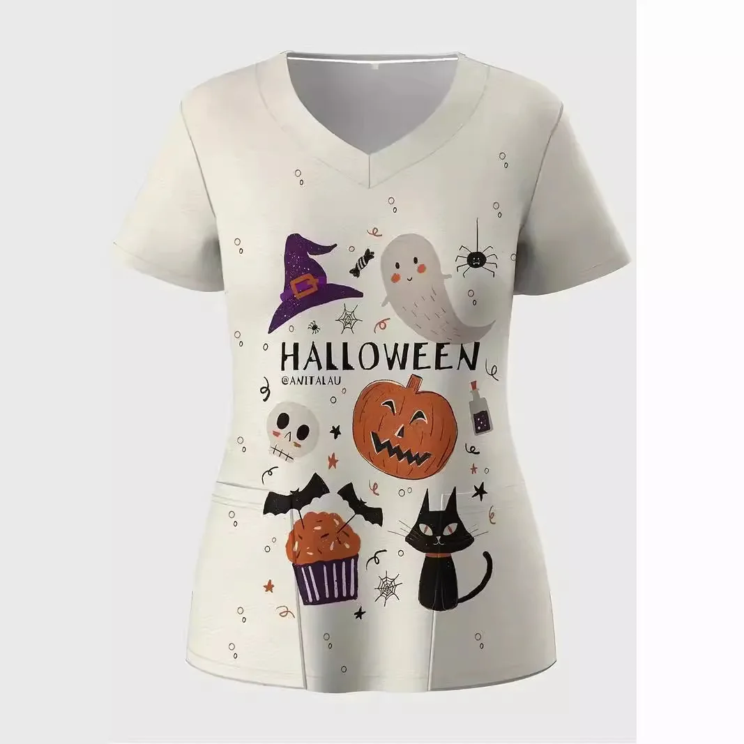 Women\'s V-neck short sleeved T-shirt top nursing uniform Halloween series cartoon pumpkin ghost 3D printed nursing work uniform