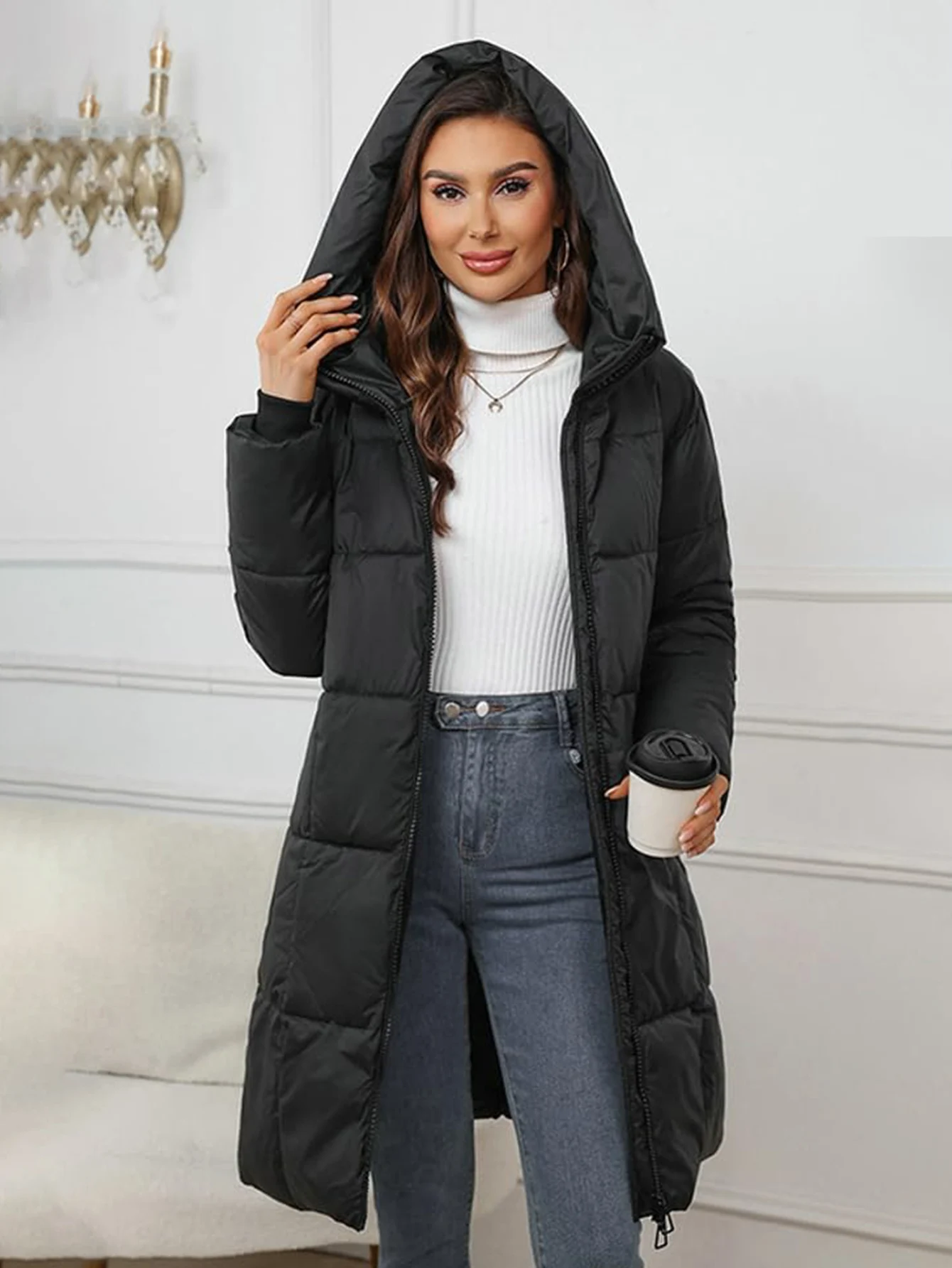 سترة مبطنة طويلة من Conciso مع قلنسوة وسحاب للنساء مبطن خفيف الوزن ملابس خارجية منتفخة مقاومة للرياح سترة ربيع الخريف W1836 #3