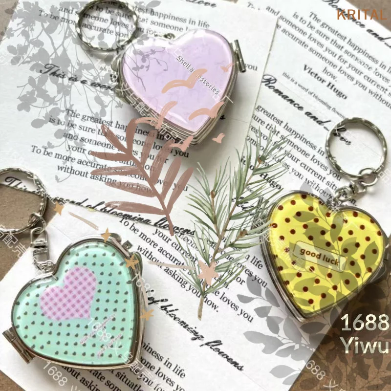 Acrylic Panel Keychain Heart Shaped Alloy Hardware Keychain Pendant Silver Tone Edging Pastel Patterns Key Ring Best Friend Gif