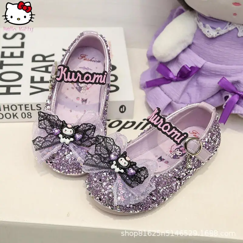 

Anime Girls' Kuromi Casual Shoes Sanrio Spring Autumn Children's Cartoon Kawaii Sparkling Crystal Shoes Princess Single Shoes