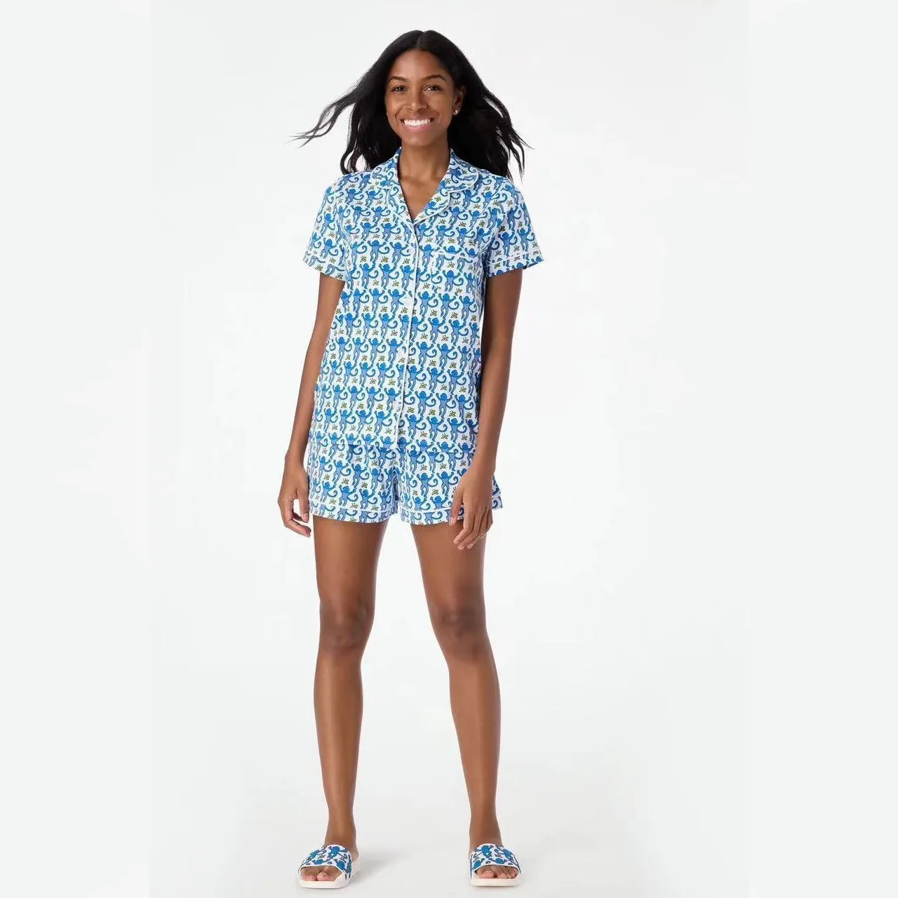 Suéter corto para mujer, cárdigan, cseta, pijama estampado básico, conjunto de ropa uesa para el ar de verano, Materi...