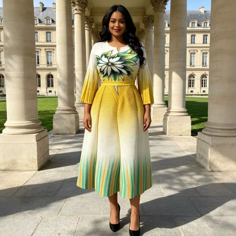 ANLAN Women Gradient Floral Print Pleated Midi Dress Notch V Neck Three Quarter Flare Sleeve Waist Belt Elegant Party Gown 3AN18