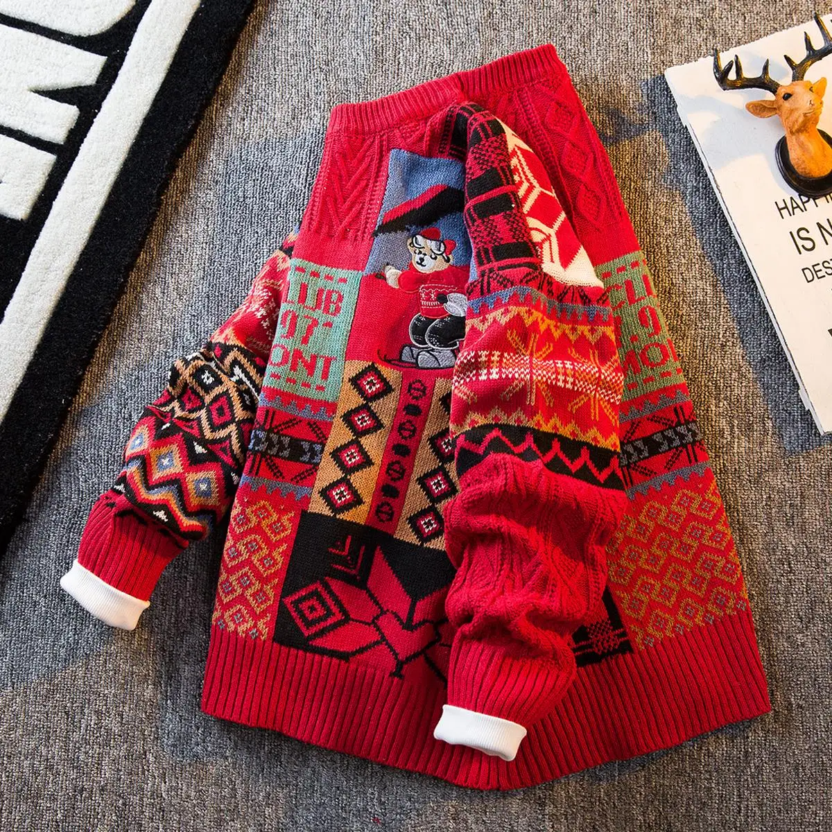 

Красный вязаный свитер для мужчин, зимняя повседневная одежда, удобный, дышащий, из волокна Coolmax, легко надевается