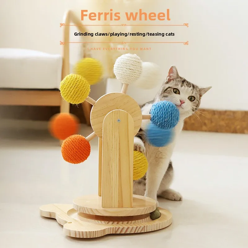 

Cat scratching board solid wood turntable toy hemp rope grinding claws teasing ball self-teasing toy indoor use universal in all