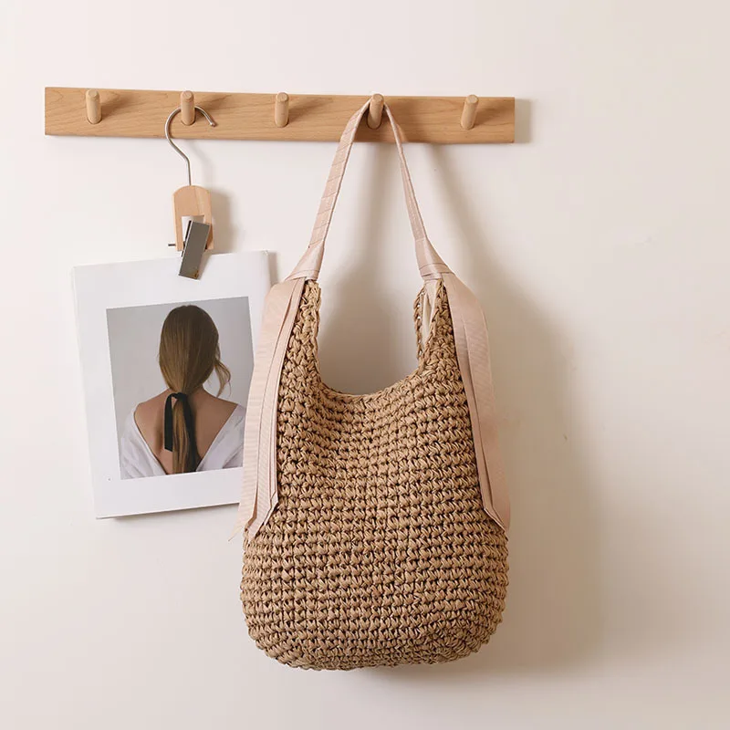 Neue 2026 Einfarbige Strohtasche Sommer Bohemian Style Strandurlaub Einzel-Schultertasche Geflochtene Handtasche für Damen – Detail 11