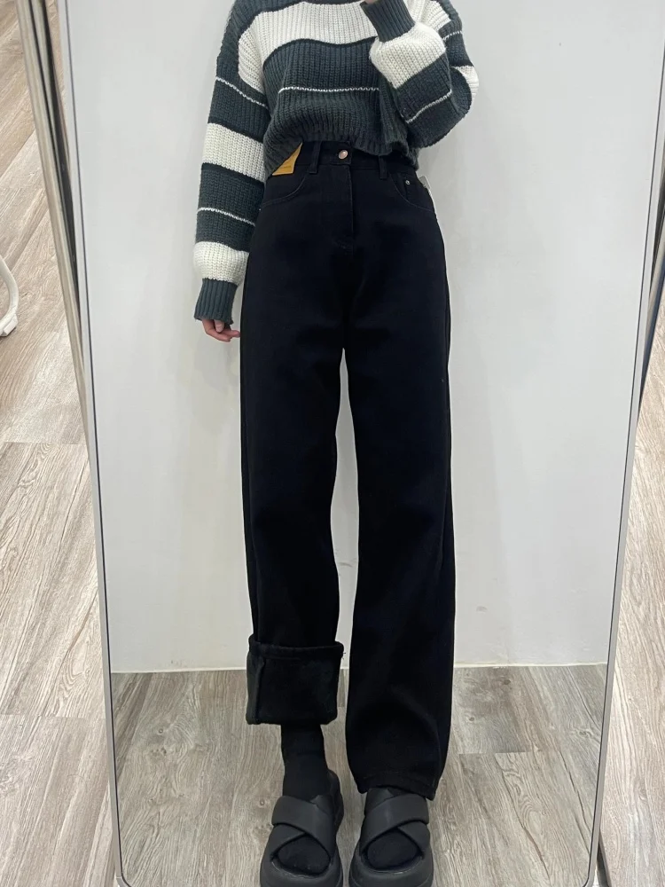 

Прямые джинсовые джинсы больших размеров с высокой талией на подкладке, женские брюки Bootcut, утягивающие тело груши, осенне-зимние джинсы