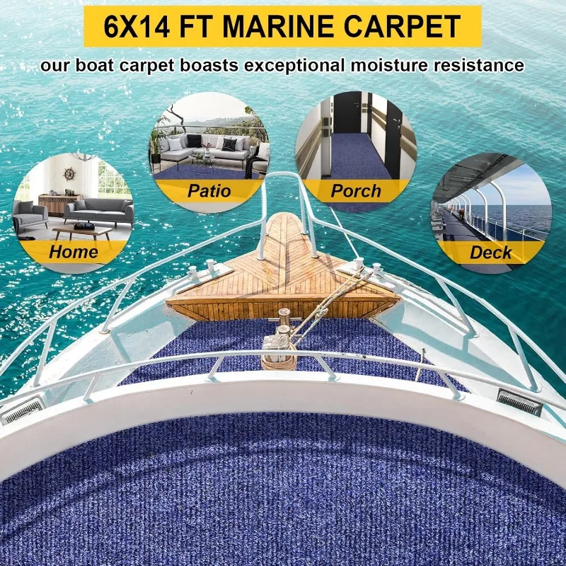 Alfombra marina, alfombra interior y exterior de 6 pies x 14 pies, alfombra para barco de 0,2 pulgadas de grosor con respaldo de TPE resistente al agua, antideslizante para exteriores