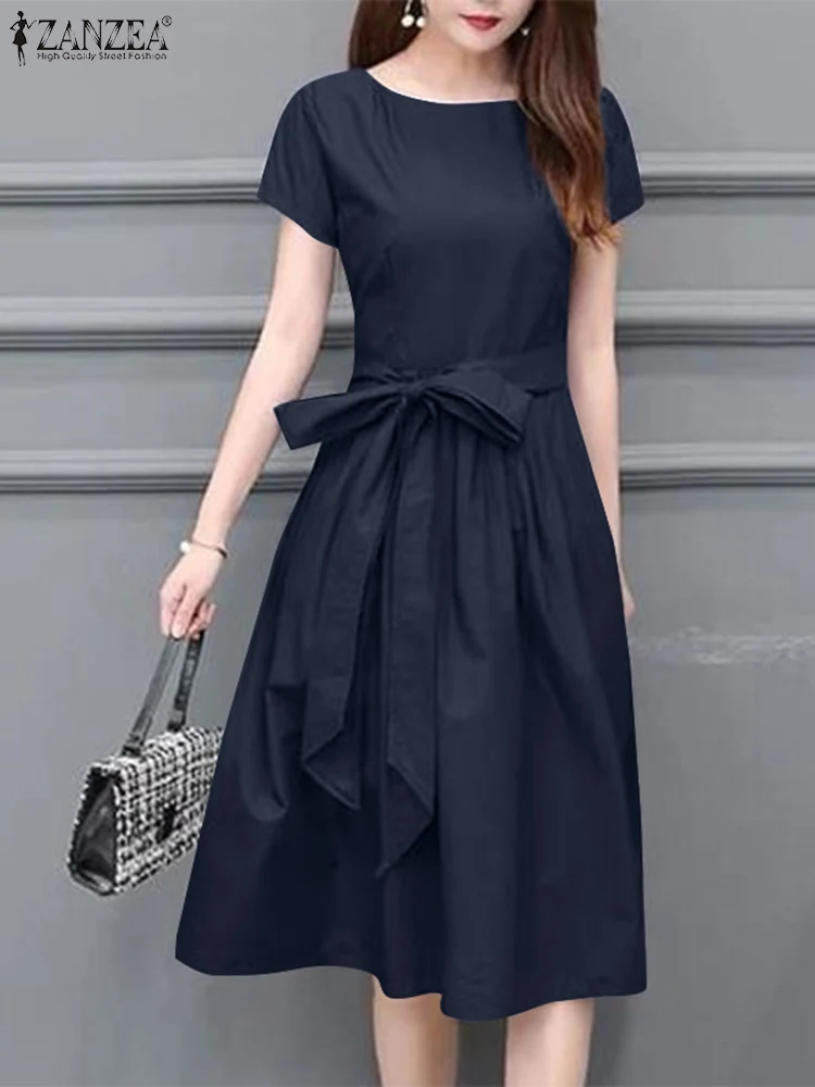 

ZANZEA Elegant Summer Short Sleeve Lace Up Dress Women Fashion OL Work Mid-calf Sundress Casual A-line Party Vestido Robe Femme